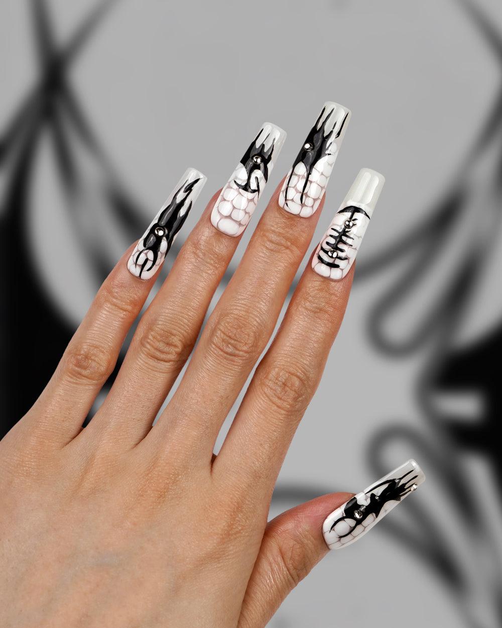 Detailed view of Modern Spice Break the Darkness Extra Long Press-On Nails – Handcrafted, Durable Fake Nails with Dark Design