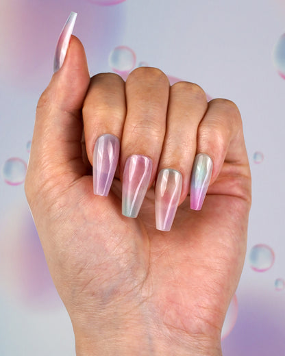 Model showcasing Bubble Dreamland Medium Press-On Nails – Handcrafted Fake Nails for Elegant Whimsical Look