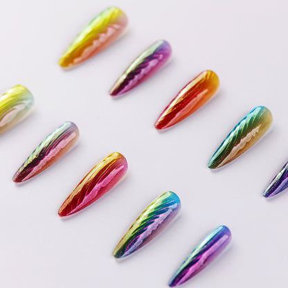 Close-up of Bubble Vivid Extra Long Press-On Nails | Detailed Side View of Handcrafted Reusable Fake Nails