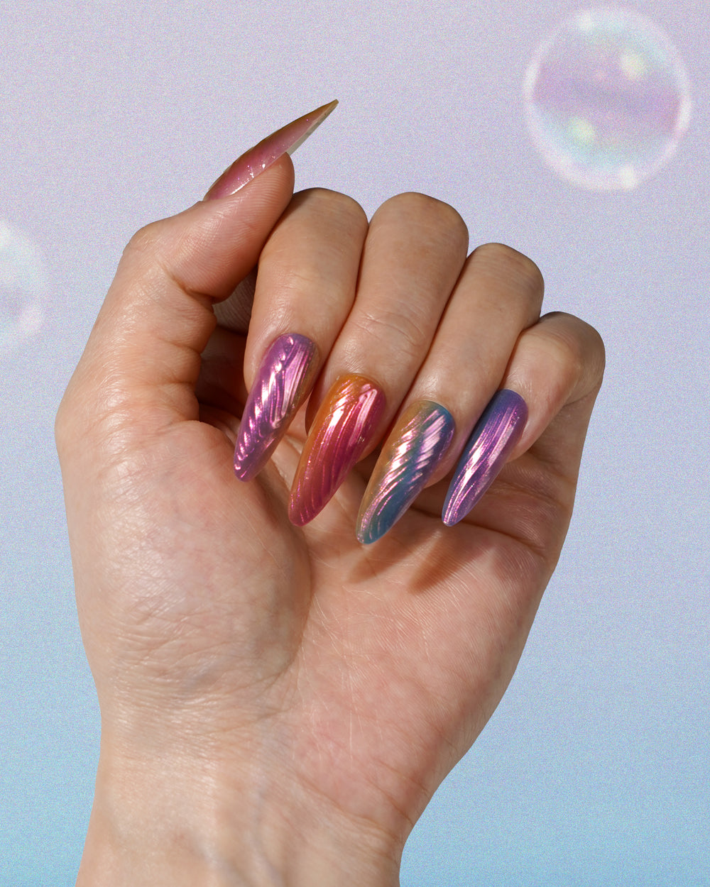 Model Wearing Bubble Vivid Extra Long Press-On Nails | Stylish and Durable Fake Nails for Women | Front View