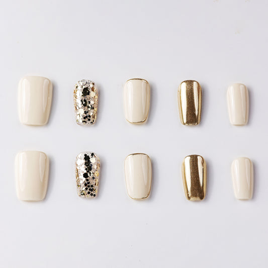 Sparkle Grace Glitter Champagne Short Press-On Nails - Handcrafted, Reusable & Durable Luxury Press-On Nails