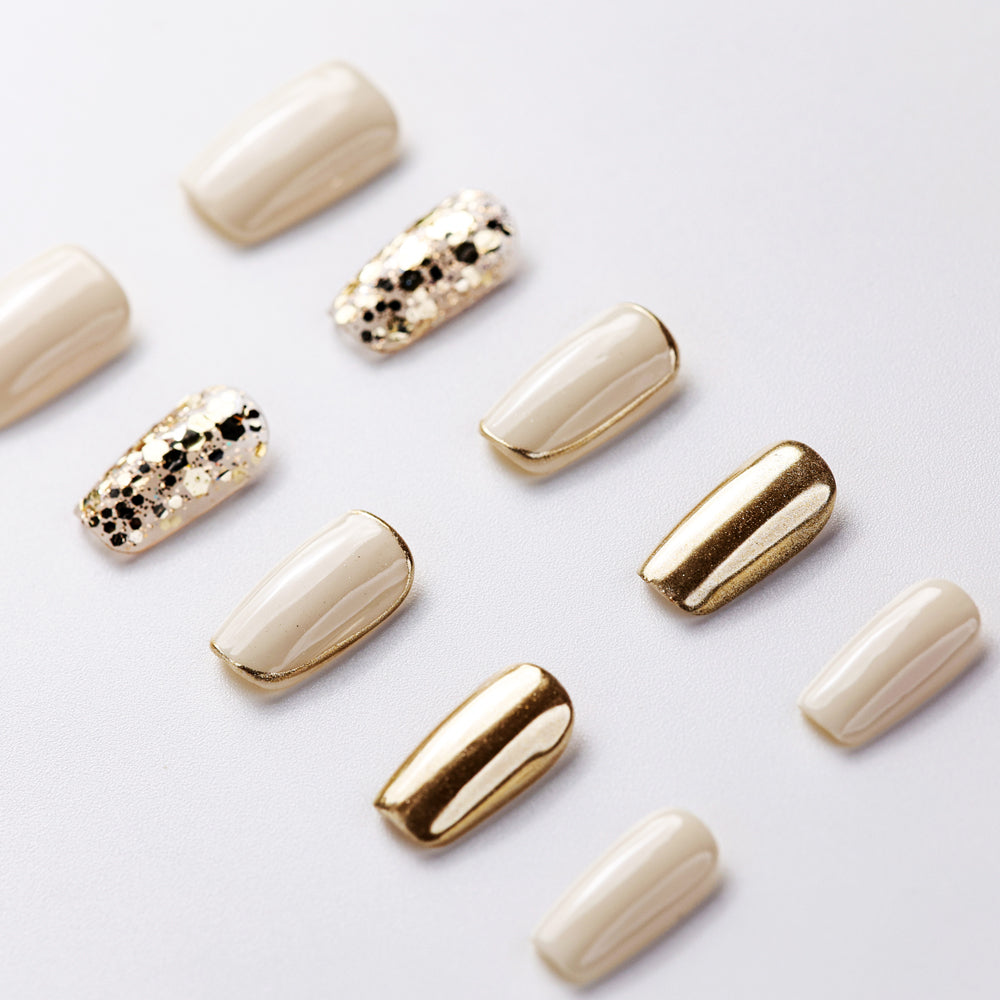 Close-up of Glitter Champagne Short Press-On Nails - Handcrafted with Durable & Elegant Design