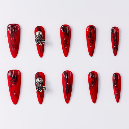 Seasonal Special Bloody Skull Extra Long Press-On Nails – Handcrafted Durable Fake Nails for Halloween