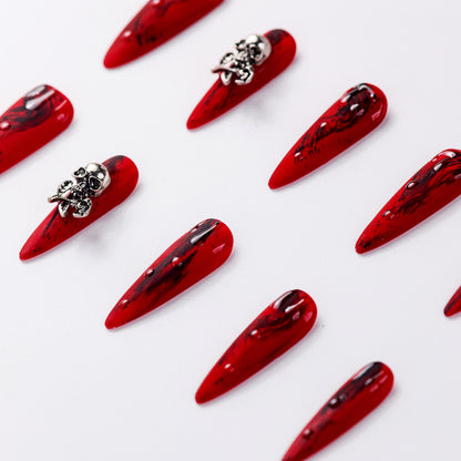 Close-up of Seasonal Special Bloody Skull Extra Long Press-On Nails – Handcrafted Reusable and Durable Fake Nails