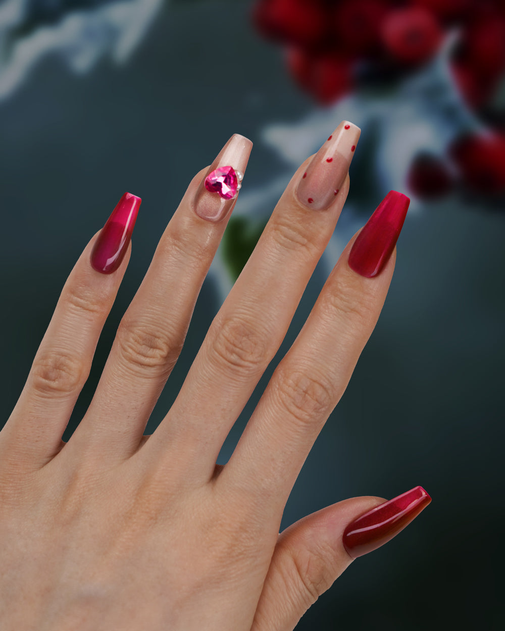 Model showcasing Modern Spice Berry Bless Medium Press-On Nails – Handcrafted Fake Nails for Chic and Elegant Look