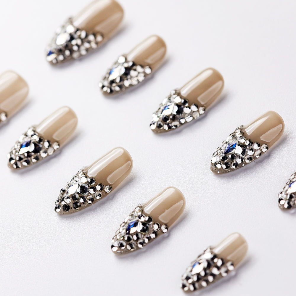 Close-up of Diamond Skirt Long Press-On Nails - Handcrafted with Durable & Elegant Design