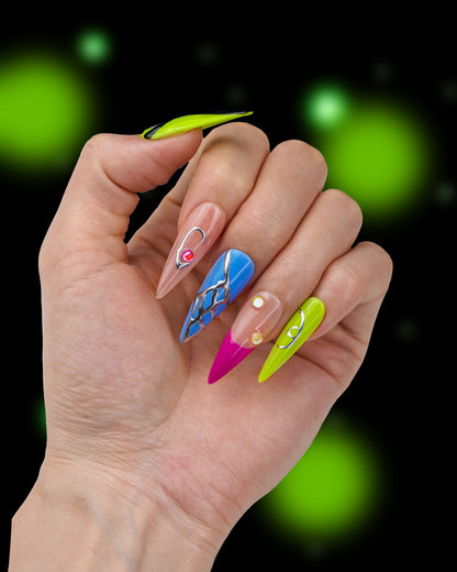 Model showcasing Graffiti Blended Extra Long Press-On Nails – Trendy Durable Fake Nails for Bold Look