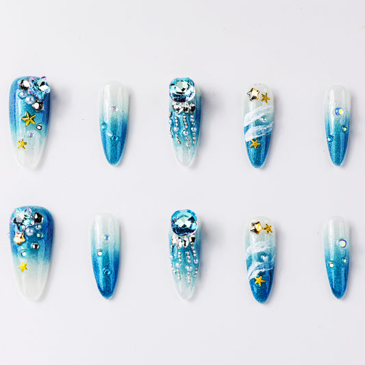 Sparkle Grace Daughter of the Sea Extra Long Press-On Nails - Handcrafted, Reusable & Durable Luxury Press-On Nails