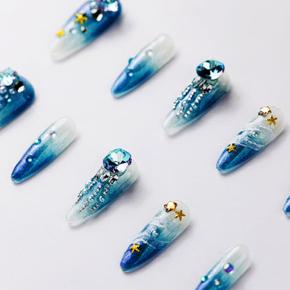 Close-up of Daughter of the Sea Extra Long Press-On Nails - Handcrafted with Durable & Elegant Design