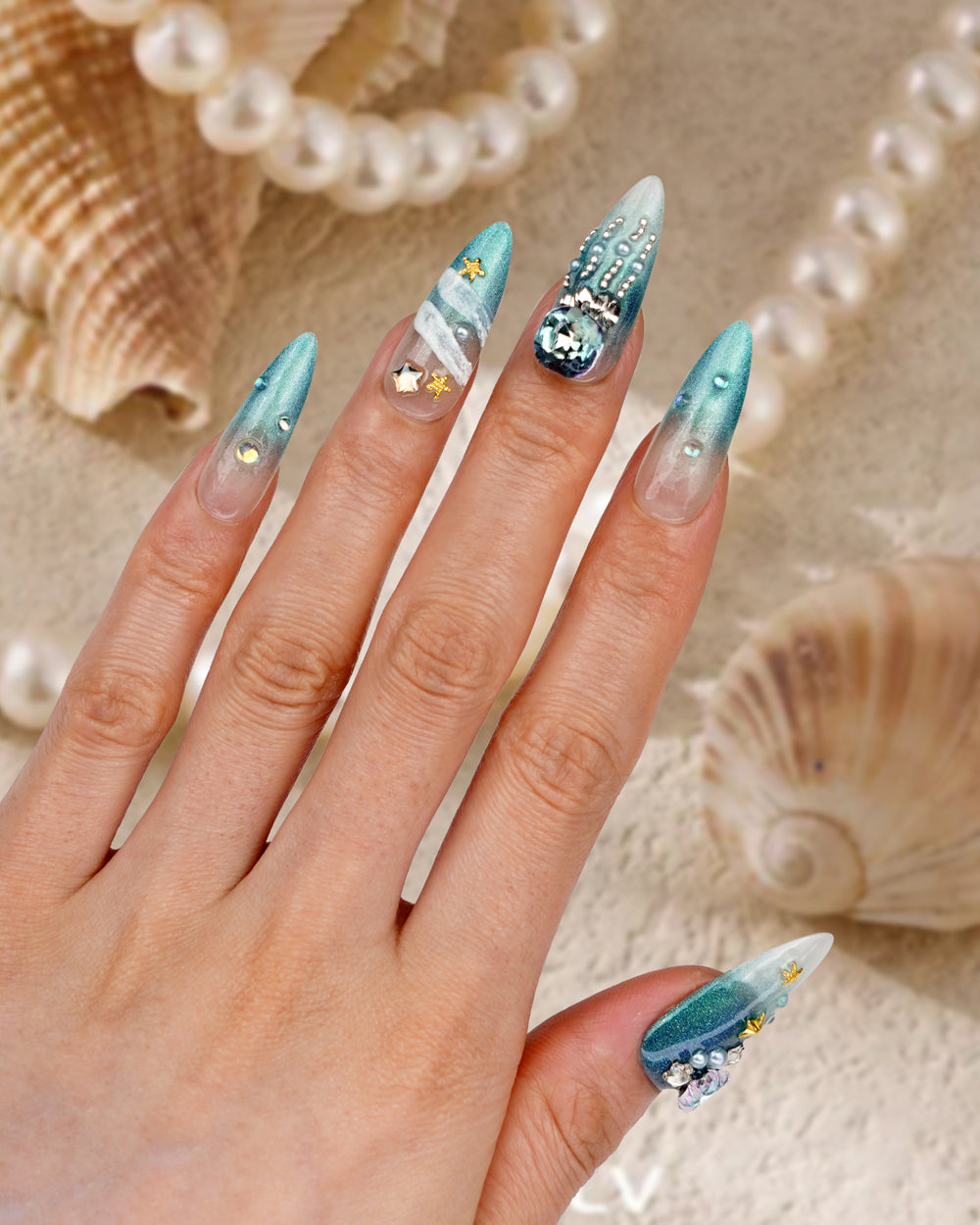 Sparkle Grace Daughter of the Sea Extra Long Press-On Nails - Luxury, Handcrafted & Reusable Design