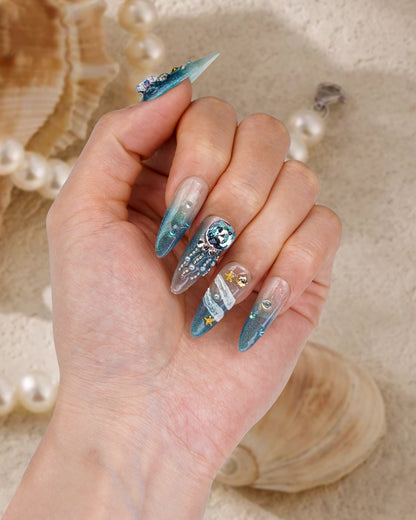 Hand model wearing Sparkle Grace Daughter of the Sea Extra Long Press-On Nails - Fashionable, Reusable & Durable