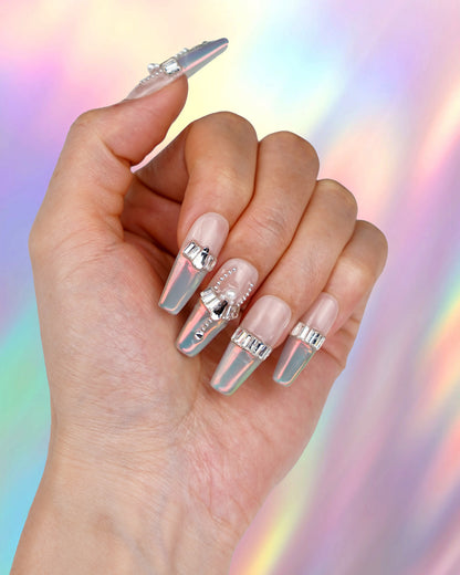 Hand model wearing Sparkle Grace Future Sparks Extra Long Press-On Nails - Fashionable, Reusable & Durable