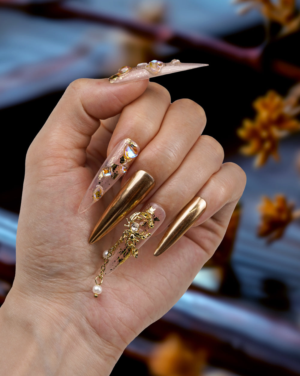 Hand model wearing Versailles Byzantium Extra Long Press-On Nails - Fashionable, Reusable & Durable