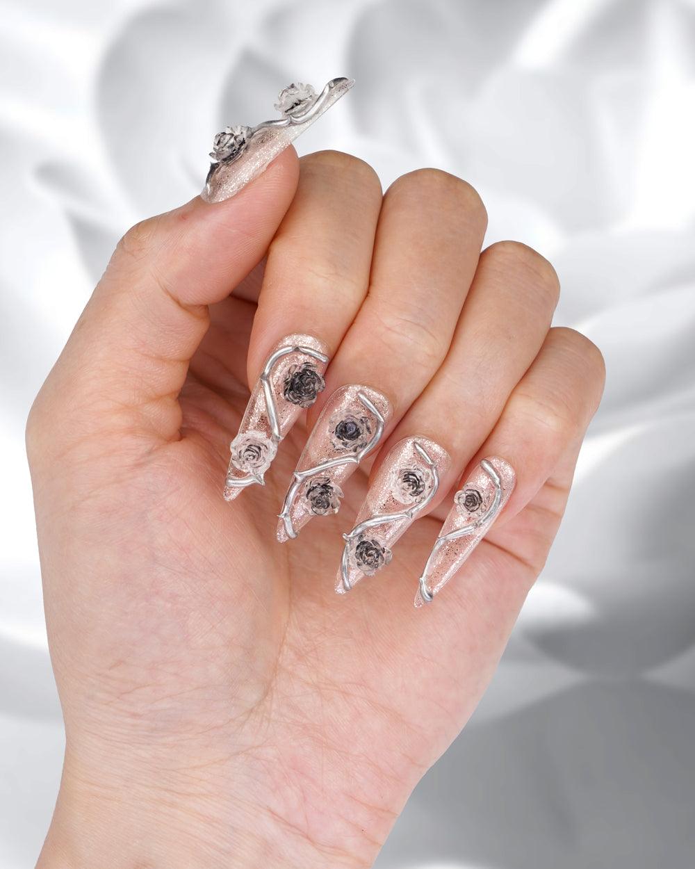 Model Wearing Flora Palace Thorny Rose Extra Long Press-On Nails | Elegant and Durable Fake Nails for Women | Front View