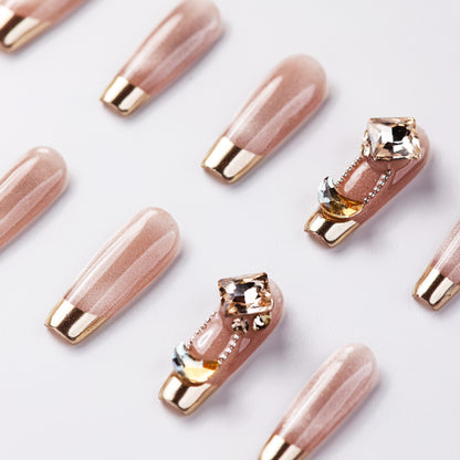 Close-up of The Golden Age Long Press-On Nails - Handcrafted with Durable & Elegant Design