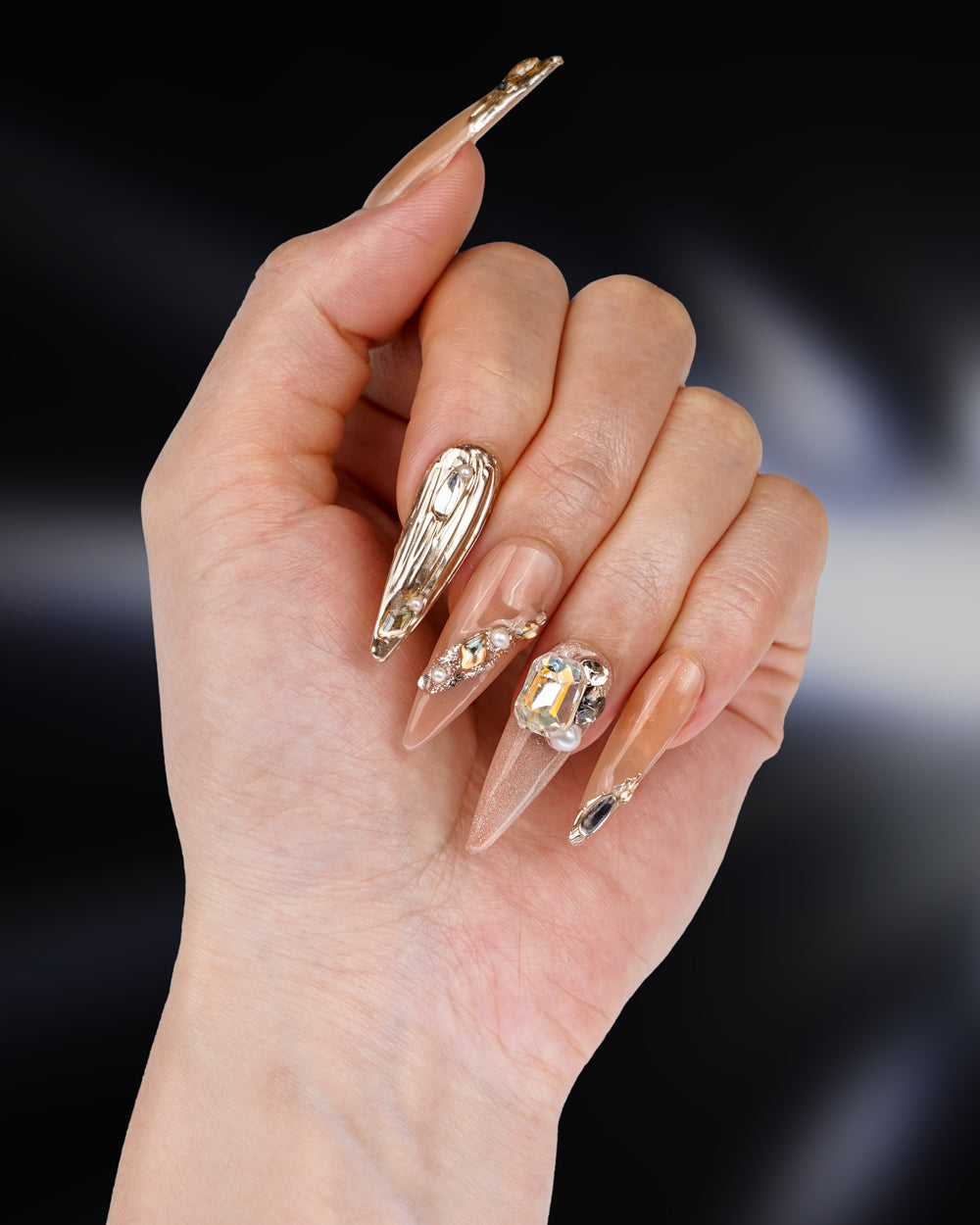 Hand model wearing Versailles Nude Crystal Long Press-On Nails - Fashionable, Reusable & Durable