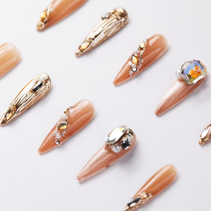 Close-up of Nude Crystal Long Press-On Nails - Handcrafted with Durable & Elegant Design