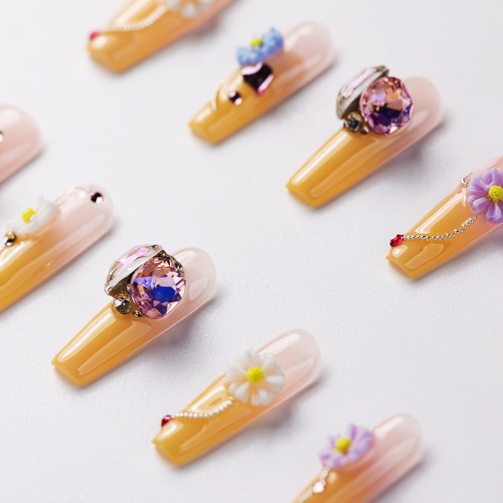 Close-up of Flora Palace Juicy Garden Long Press-On Nails – Reusable and Durable Fake Nails with Fresh Garden-Inspired Design