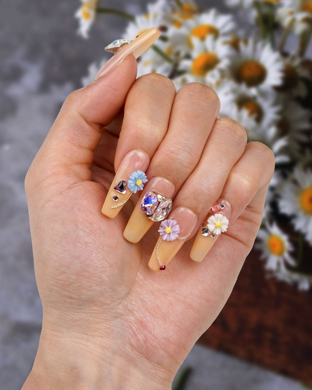 Model wearing Flora Palace Juicy Garden Long Press-On Nails – Handcrafted Fake Nails for a Chic, Garden-Inspired Look