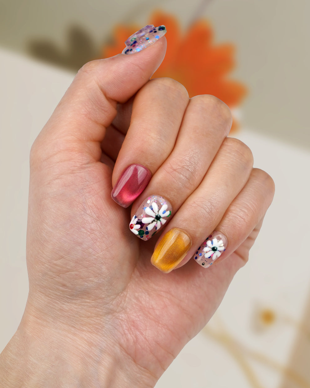 Model wearing Flora Palace Bloom Cluster Natural Press-On Nails – Handcrafted Fake Nails for Chic and Natural Look