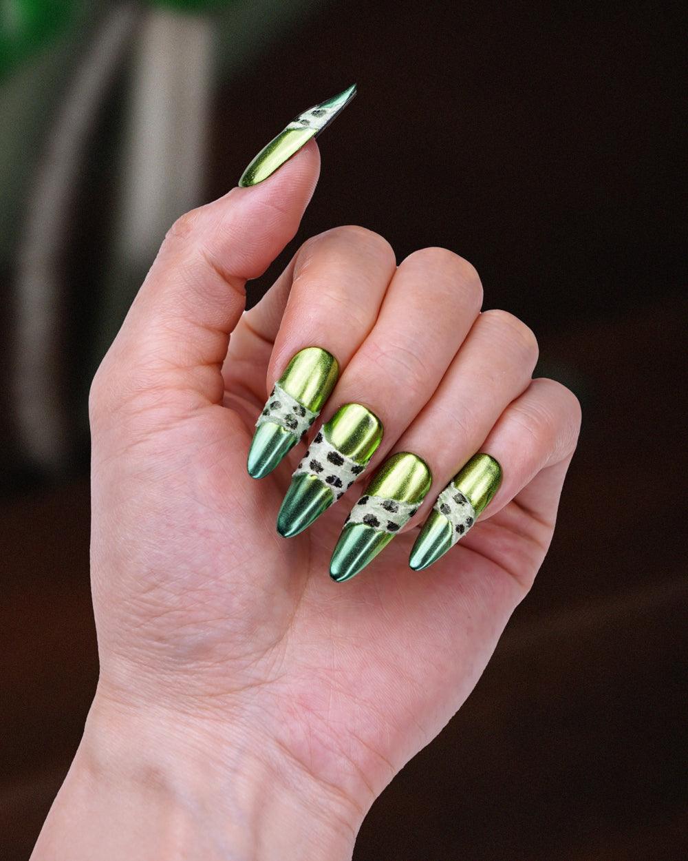 Model wearing Paw Pal Lightning Snake Extra Long Press-On Nails for a bold and trendy look