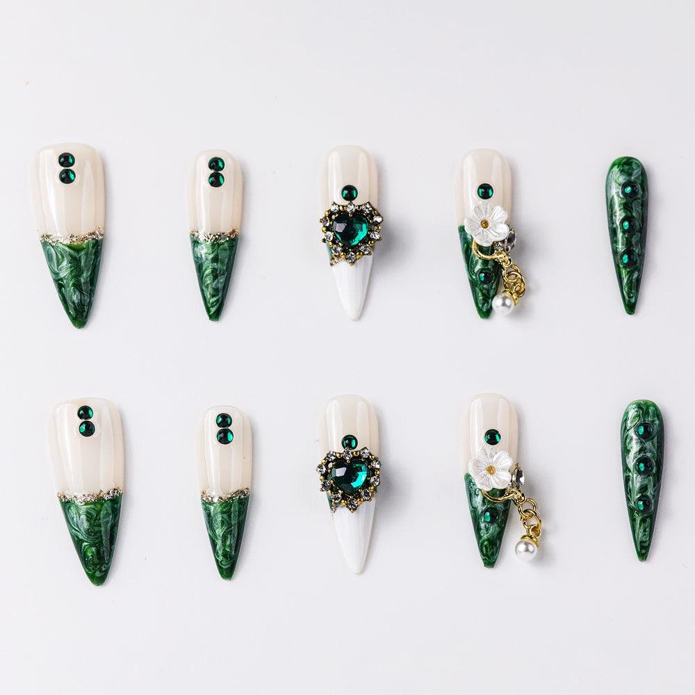 Versailles Emerald Dress Extra Long Press-On Nails - Handcrafted, Reusable & Durable Luxury Press-On Nails