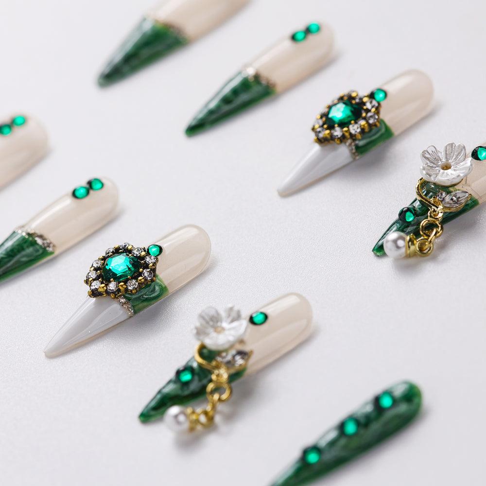 Close-up of Emerald Dress Extra Long Press-On Nails - Handcrafted with Durable & Elegant Design