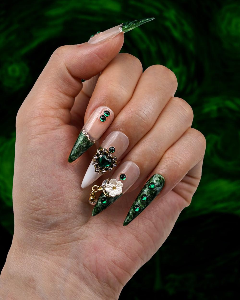 Hand model wearing Versailles Emerald Dress Extra Long Press-On Nails - Fashionable, Reusable & Durable