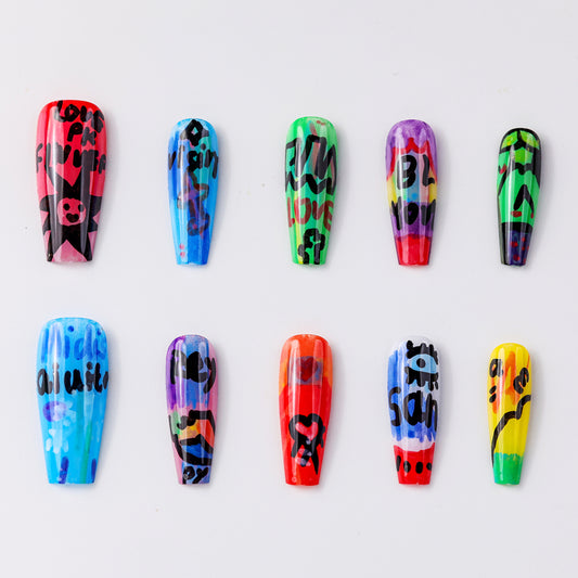 Graffiti Colour Crush Extra Long Press-On Nails – Handcrafted Durable Fake Nails with Bold Colourful Design