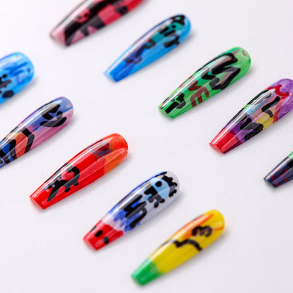 Close-up of Graffiti Colour Crush Extra Long Press-On Nails – Reusable and Durable Fake Nails with Trendy Graffiti Art