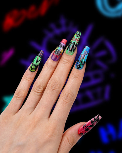 Detailed view of Graffiti Colour Crush Extra Long Press-On Nails – Handcrafted, Durable Fake Nails with Colorful Design