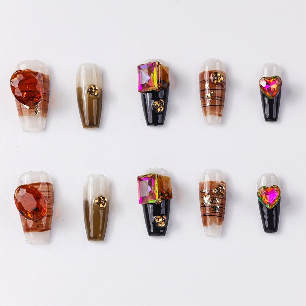 Coffee Drinks Caramel Amber Medium Press-On Nails – Handcrafted Durable Fake Nails with Chic Caramel Amber Design