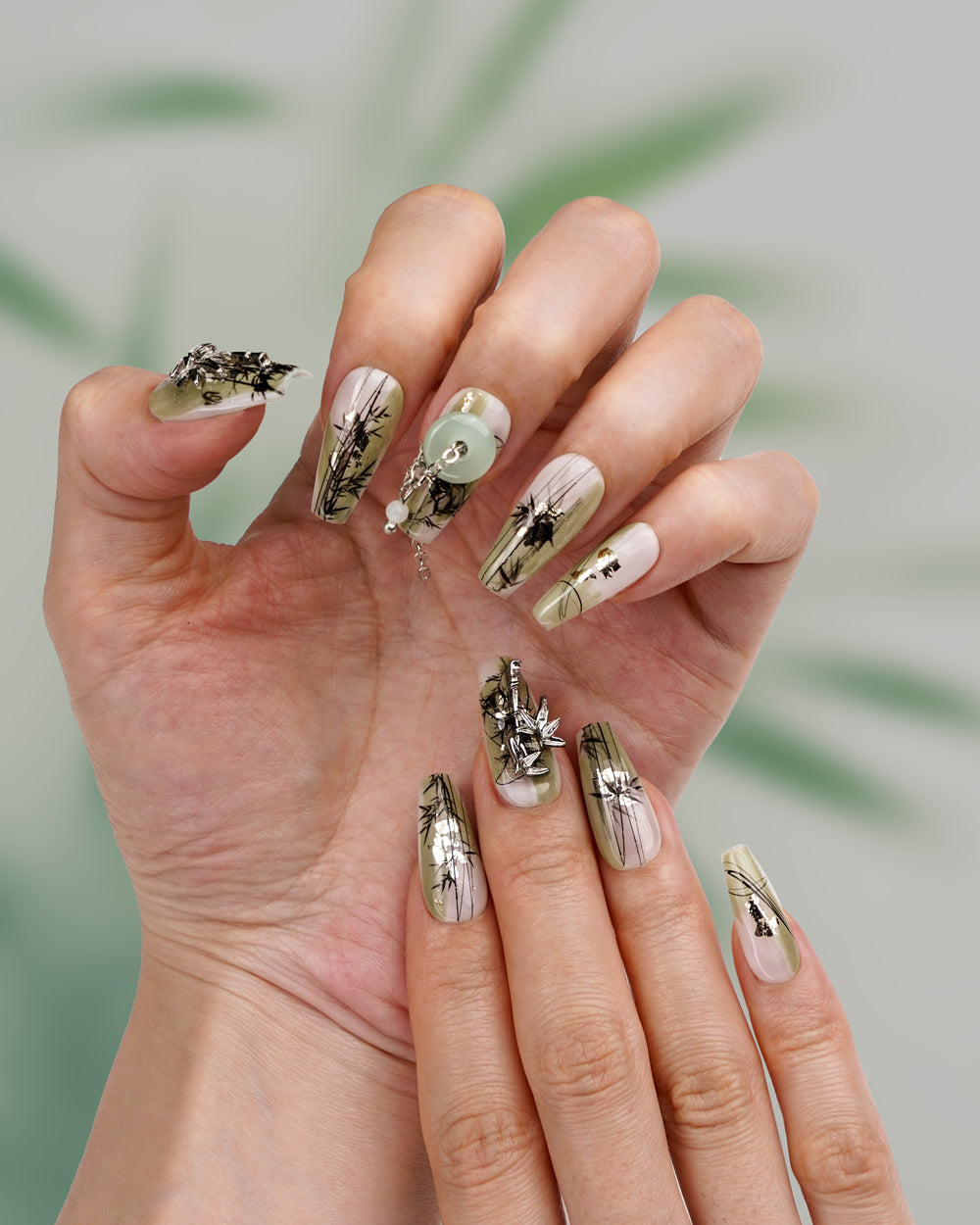 Model Wearing Oriental Tranquility Medium Press-On Nails | Elegant and Durable Fake Nails for Women | Front View