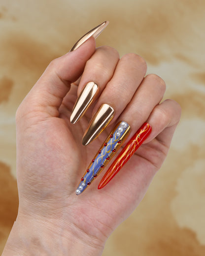 Hand model wearing Versailles Phoenix Palace Super Long Press-On Nails - Fashionable, Reusable & Durable