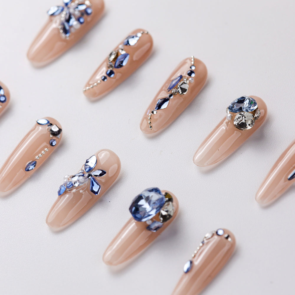 Close-up of Sapphire Butterfly Press-On Nails - Handcrafted with Durable & Elegant Design