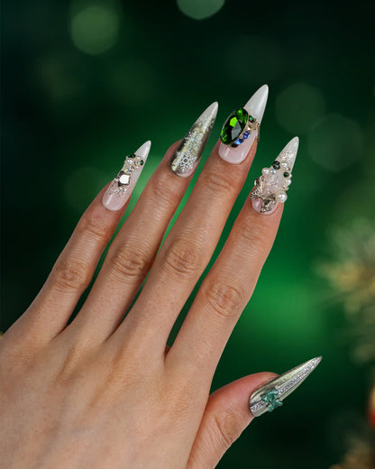 Side View of Model Wearing Winter Moment Extra Long Press-On Nails | Elegant Winter Nail Art