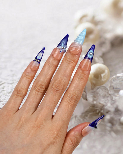 Modern Spice Sea Flower Extra Long Press-On Nails on model – Durable, Reusable, and Handcrafted Fake Nails