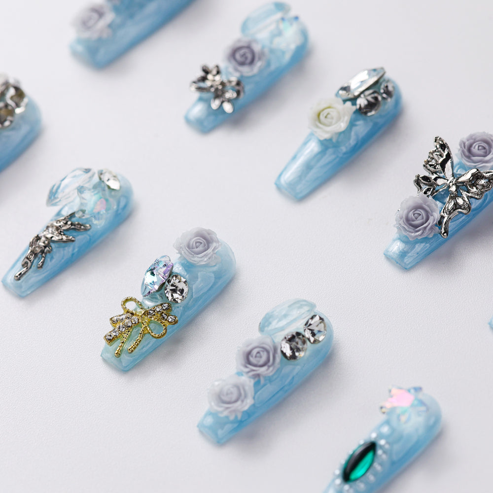 Close-up of Hydrangea Garden Extra Long Press-On Nails - Handcrafted with Durable & Elegant Design