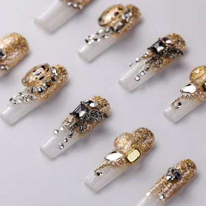 Close-up of Golden Dress Super Long Press-On Nails - Handcrafted with Durable & Elegant Design