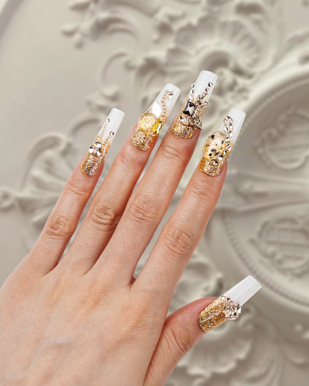 Hand model wearing Versailles Golden Dress Super Long Press-On Nails - Effortless Luxury and Durability