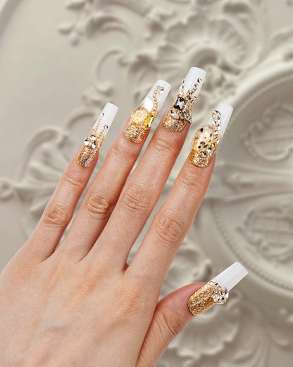 Hand model wearing Versailles Golden Dress Super Long Press-On Nails - Effortless Luxury and Durability