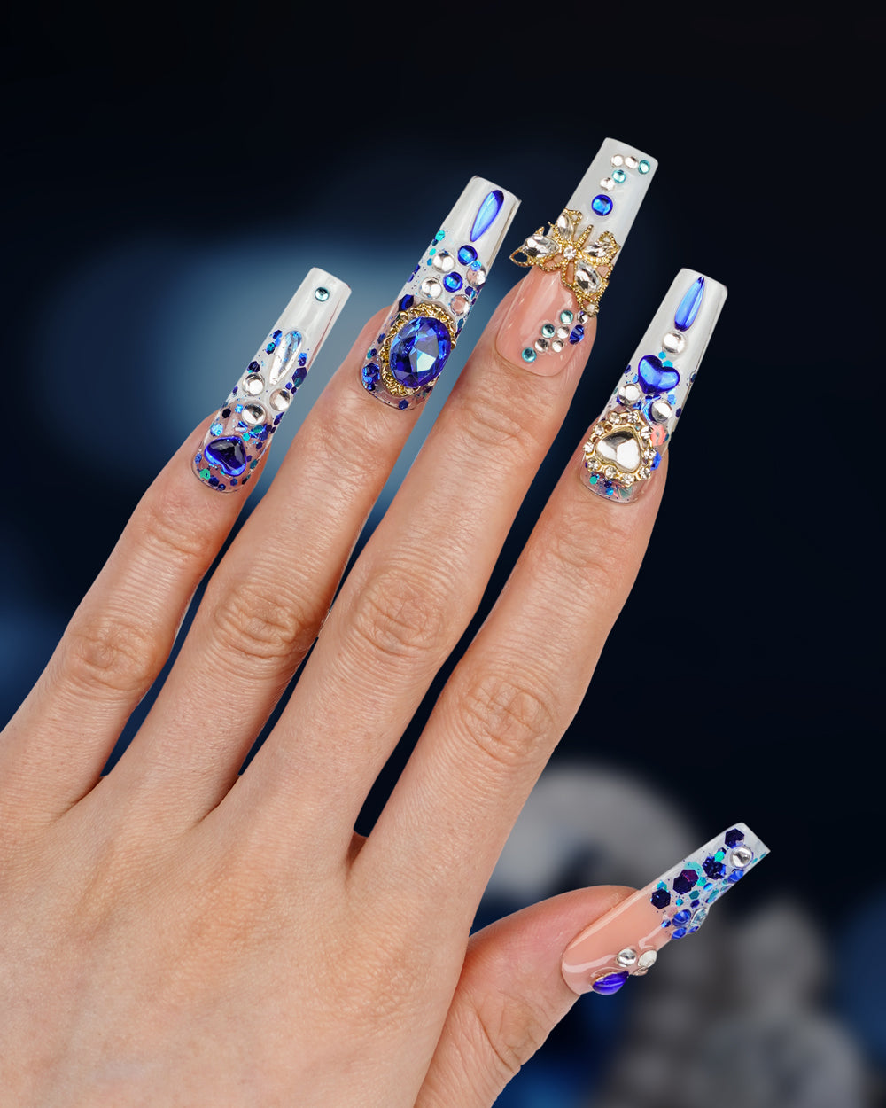 Versailles Mysterious Blue Super Long Press-On Nails - Fingers Stretched Out Showing Durable & Elegant Handcrafted Nails