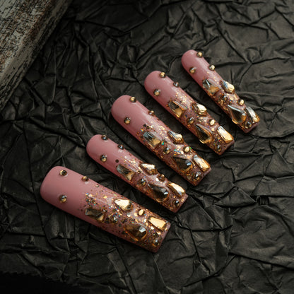 Close-up view of Modern Spice Golden Tears Super Long Press-On Nails – Reusable and Durable Fake Nails with Bold Golden Design