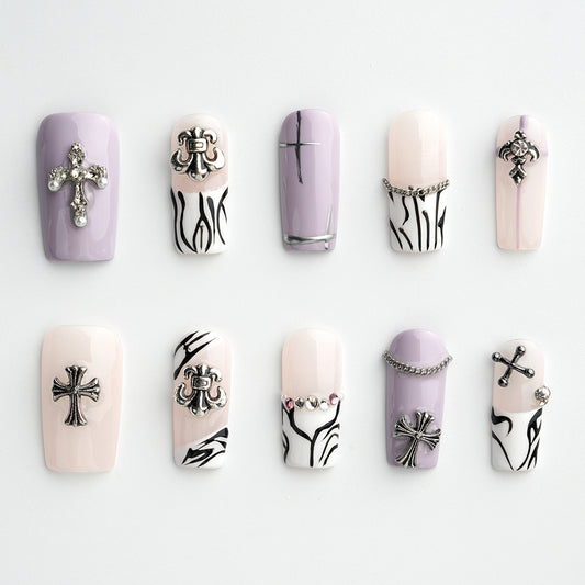 Modern Spice Creamy Cross Long Press-On Nails – Handcrafted Durable Fake Nails with Creamy Cross Design