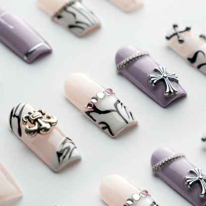 Close-up of Modern Spice Creamy Cross Long Press-On Nails – Reusable Durable Fake Nails with Elegant Creamy Cross Design