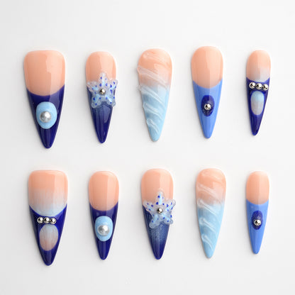 Modern Spice Sea Flower Extra Long Press-On Nails – Handcrafted & Durable Fake Nails with a Sea-Inspired Design